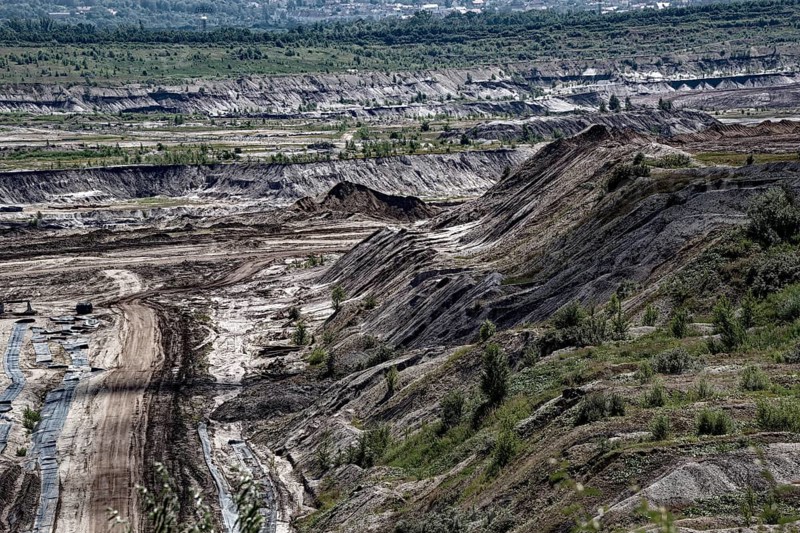 Overburden dump, opencast lignite mine, symbolic image of destroyed landscape, fossil fuel coal, energy production, coal mining. Climate change, global warming, global warming, Profen opencast mine, Saxony, Germany, Europe