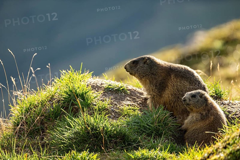 Two marmots (Marmota marmota) at a marmot burrow, Tschagguns, Rätikon, Montafon, Vorarlberg, Austria, Europe
