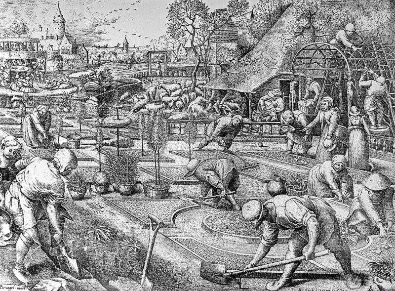 Engraving Spring, De Lente from Pieter Bruegel the Elder by Pieter Van Der Heyden showing mediaeval peasants, gardeners working in vegetable garden