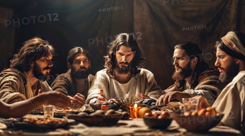 Last supper of Jesus and his disciples. Bible scene, AI generated