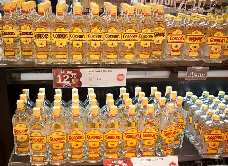 Close up of bottles of Gordon´s gin in the Duty Free shopping lounge in Malaga airport, Spain, Europe
