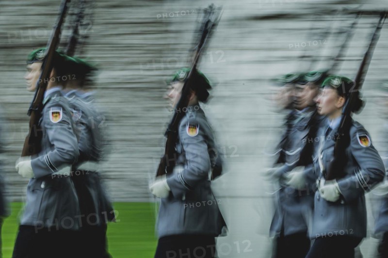 Army soldiers of the guard battalion, photographed during a reception with military honours at the Federal Chancellery in Berlin, 12.03.2024