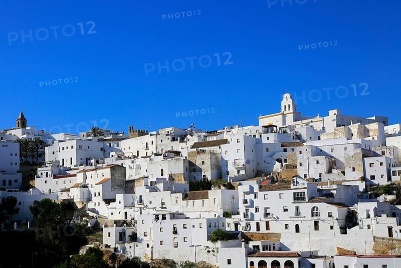 Pueblo blanco historic village whitewashed houses on hillside, Vejer de la Frontera, Cadiz Province, Spain, Europe