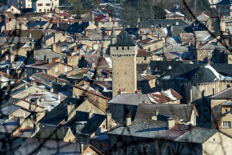 Malzieu-ville labelled Les Plus Beaux Villages de France, The belfry (tour de l'horloge) . Margeride. Lozere department. Occitanie. France