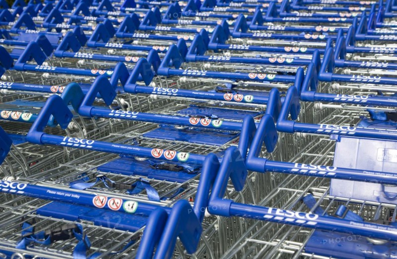 Stacked Tesco shopping trolleys, UK