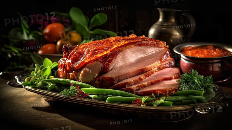 Succulent honey ham with vegetables meal, generative AI, AI generated