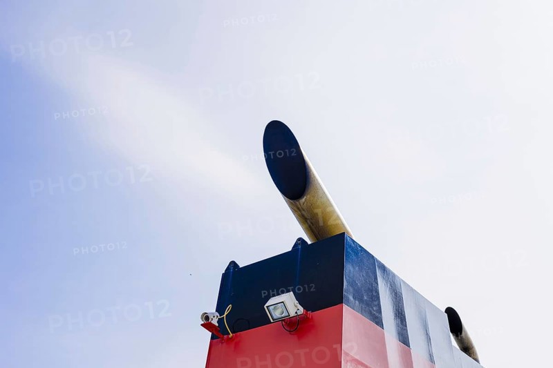 Smokestack of the ferry Münsterland operated by shipping company AG Ems, which runs on gas instead of heavy fuel oil. Eemshaven, 17.05.2024