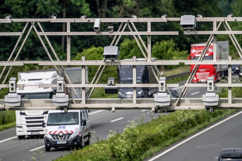 Sensors on a toll bridge, for recording motorway tolls, on the A43 motorway near Dülmen, Münsterland, North Rhine-Westphalia, Germany, Europe