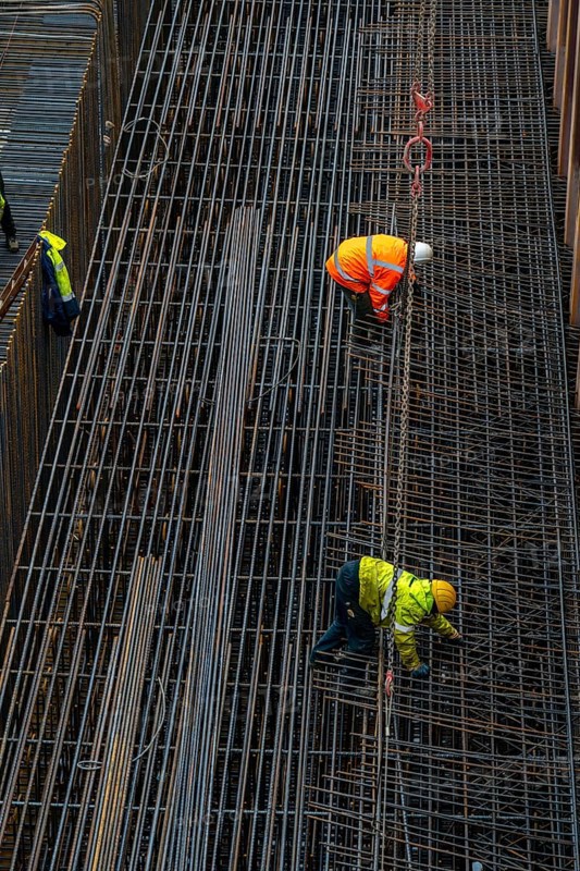 Work on the steel mesh of the foundation of the new Karl Lehr Bridge in the port of Duisburg-Ruhrort, over the Ruhr and the port canal, important connection of the port to the A40 motorway, Duisburg, North Rhine-Westphalia, Germany, Europe