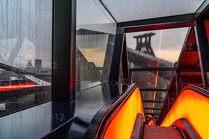 Zeche Zollverein, rainy day, view of the double headframe of shaft XII, through rain-soaked windows, view to the left of shaft 1/2/8, Essen, North Rhine-Westphalia, Germany, Europe