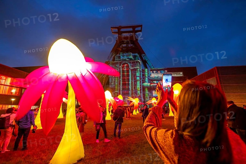 Extraschicht, the long night of industrial culture, cultural festival across the Ruhr region, 35 venues in 19 cities, here Illuminating flowers at the Zeche Zollverein in Essen, Doppelbock pithead winding tower shaft 12, North Rhine-Westphalia, Germany, Europe