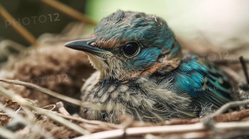 Cute newborn blue bird in nest, generative AI, AI generated