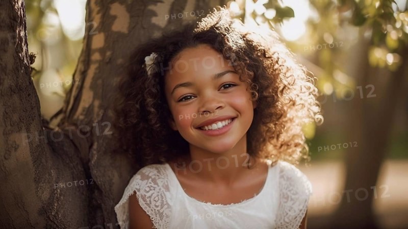 Portrait of a beautiful mulatto girl wearing a white dress for easter sunday, generative AI, AI generated