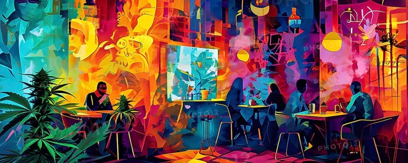 Abstract composition of a cannabis cafe with ambiance bold contrasting colors and playful shapes, AI generated