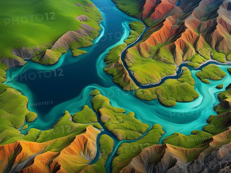 Aerial view perpendicular top down of an abstract colorful river along the coastline, AI generated