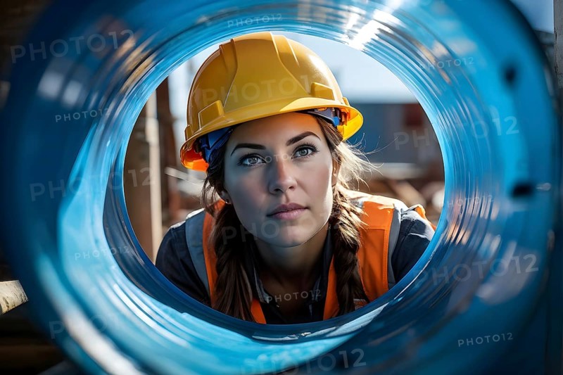 Portrait of a female construction worker with a yellow helmet, AI generated