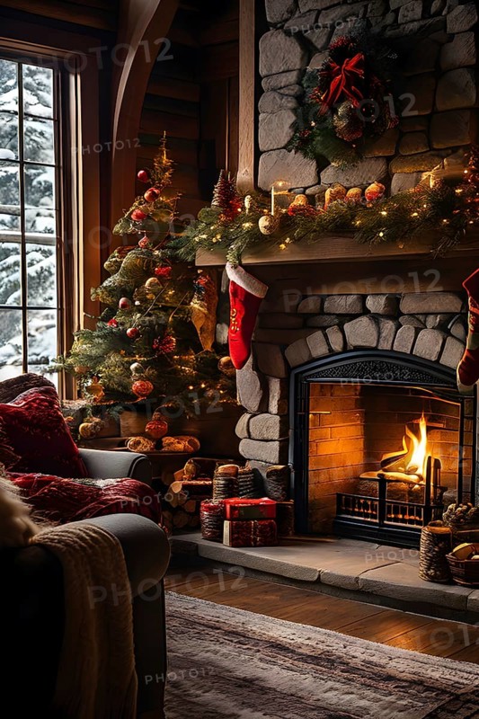 Traditional stone fireplace decorated for Christmas, with garlands, stockings, and candles, set in a cozy, snow-draped winter cabin, AI generated