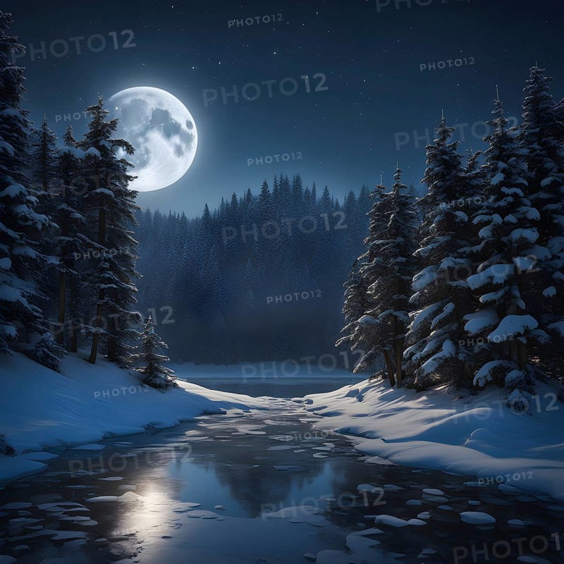 Tranquil winter night scene with a crescent moon and stars shining brightly over a frozen lake, with a line of snow-covered pine trees reflected in the lake, AI generated