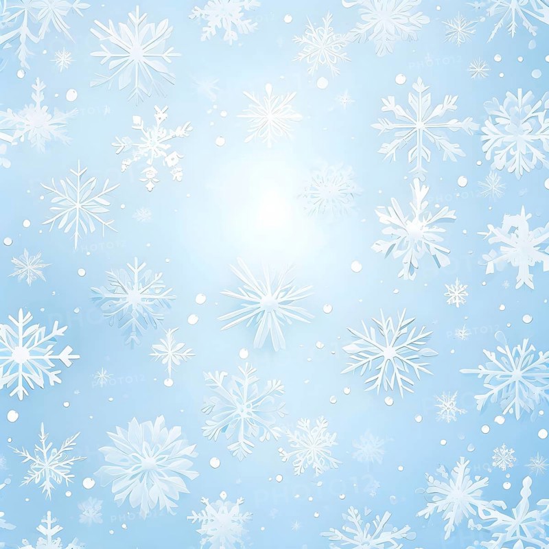 Abstract pattern of snowflakes in varying sizes and shapes in soft white and blue gradients, AI generated