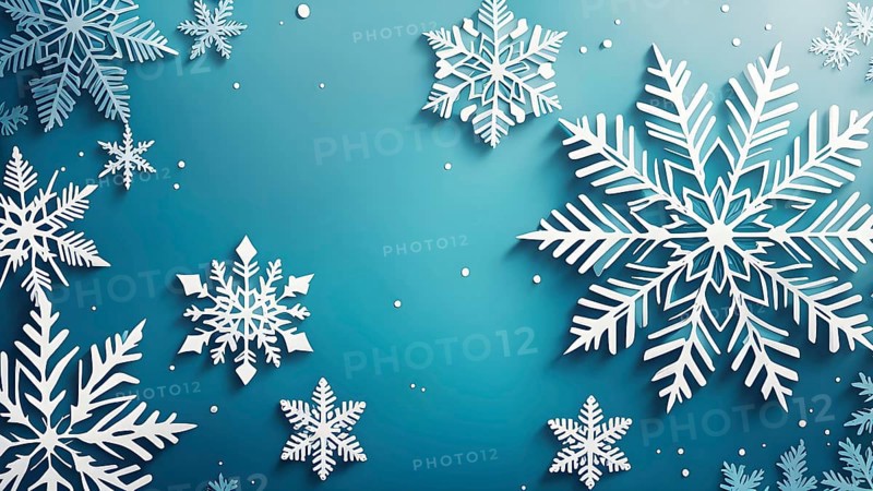 Abstract pattern of snowflakes in varying sizes and shapes in soft white and blue gradients, AI generated