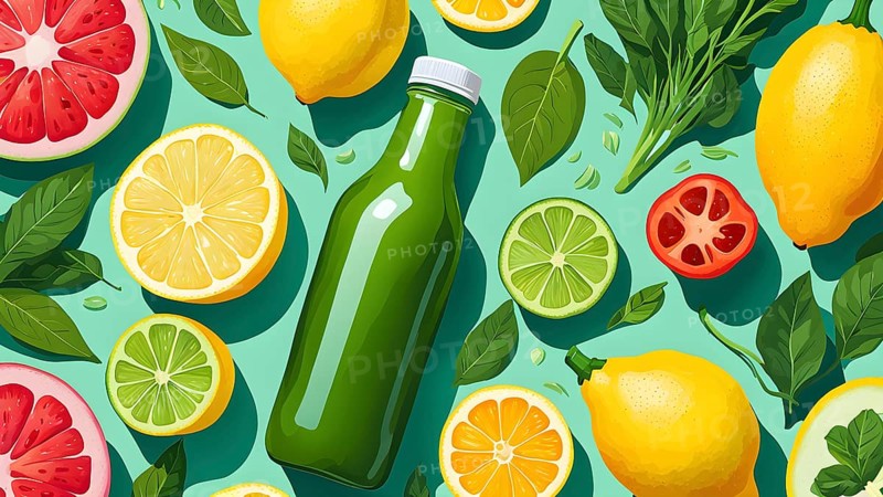 Abstract wallpaper of smoothie surrounded by an assortment of fruits and vegetables, AI generated
