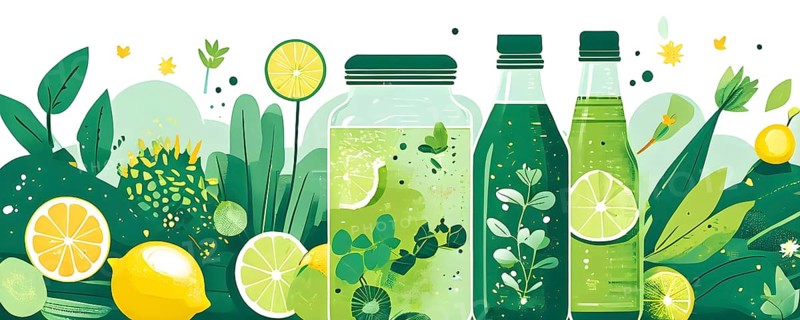 Abstract wallpaper composition with bottle of delicious green detox juice and fruits and vegetables, AI generated