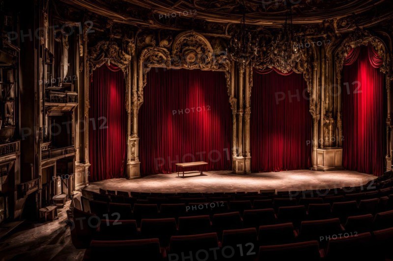 Abandoned theater with tattered seats and an empty stage, AI generated