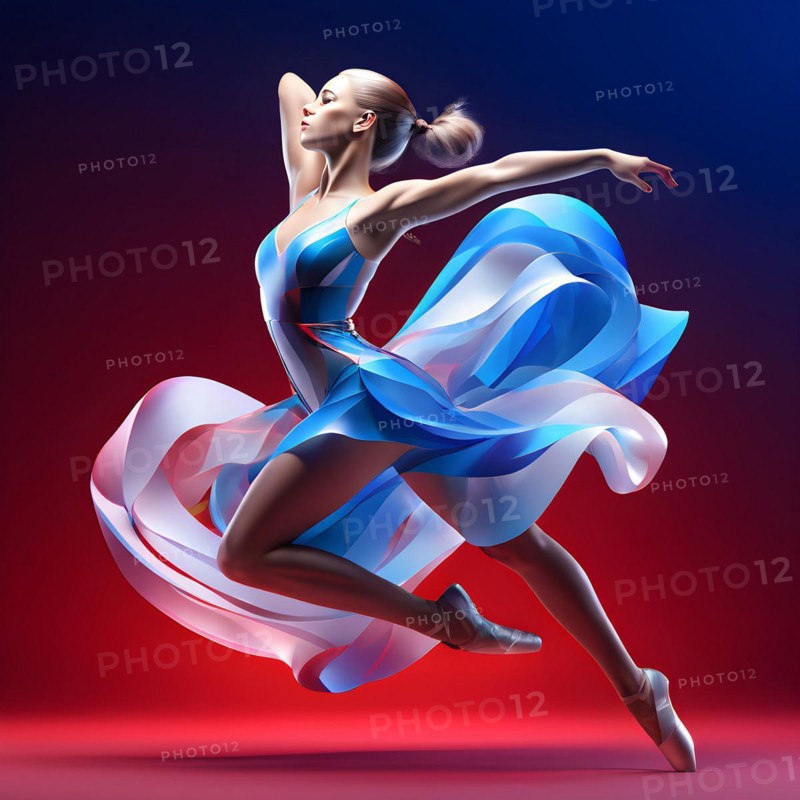 Abstract digital render of an olympic rythm sports gymnast morphing into fluid shapes of french tricolor blue red and white, AI generated, Paris, Paris, Olympic Games