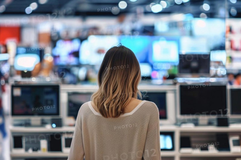 Back view of woman in electronics store. KI generiert, generiert, AI generated