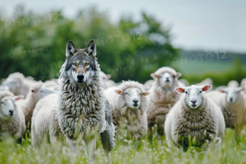 Depiction of a wolf in sheep's clothing, example of a figure of speech, metaphor, visualisation for an enemy disguised as a friend, AI generated, AI generated, AI generated