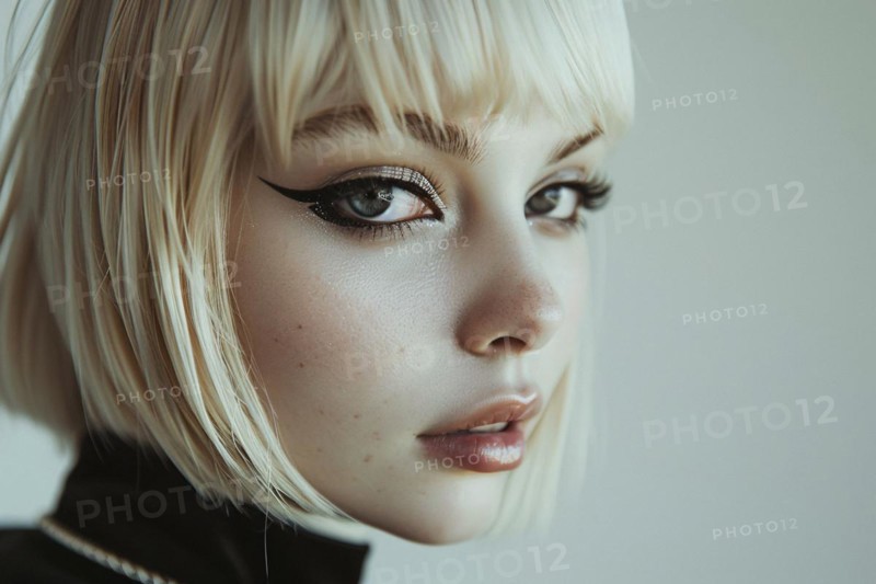 Portrait of young attractive woman with blond hair with bob hairstyle with bangs and and black thick eyeliner makeup. KI generiert, generiert, AI generated