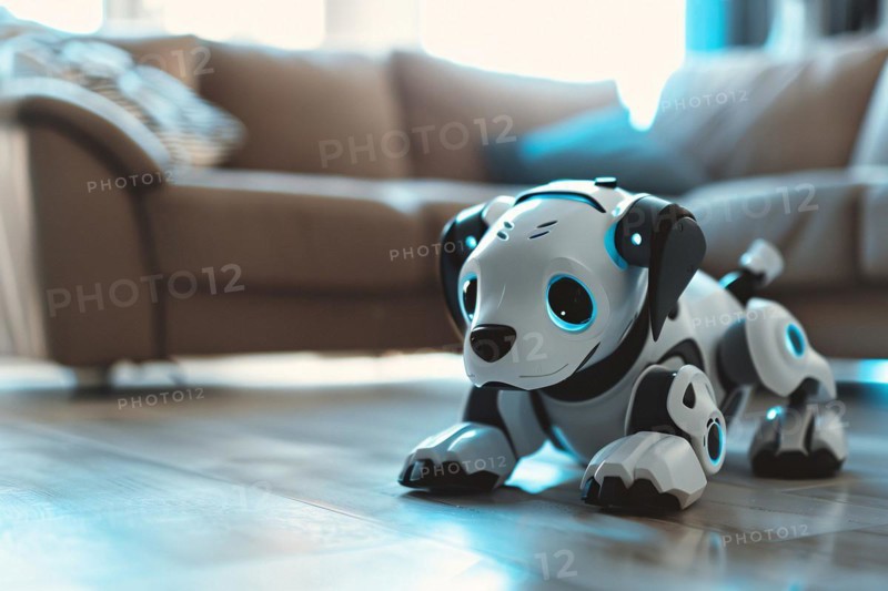Cute robotic dog on livingr oom floor. KI generiert, generiert, AI generated
