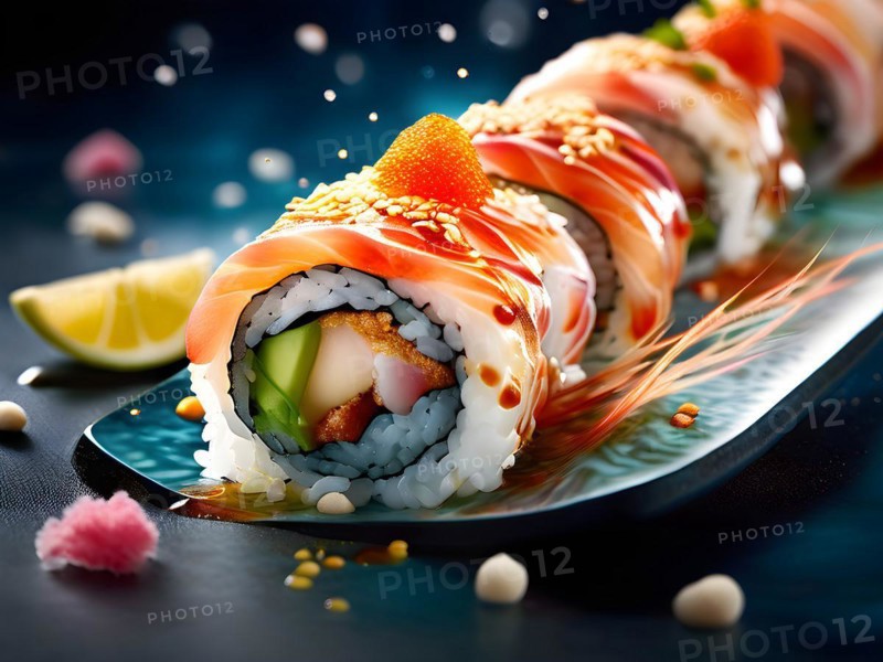 AI generated surreal food art blending a delicate sushi roll amidst a swirling galaxy of digital elements