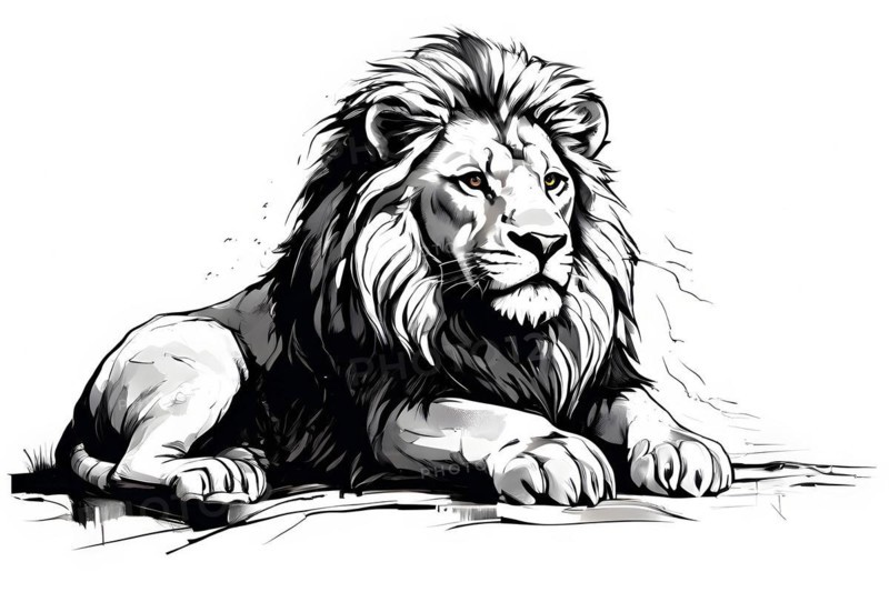 Black and white line art lion, AI generated