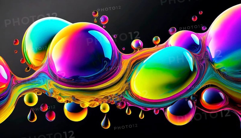 Colourful iridescent plastic bubbles and drops filled with oily liquids, 3D, digital art, AI generated, AI generated