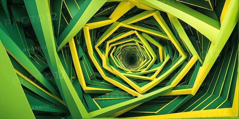 Abstract geometric pattern tunnel structure embodying data streams and communication in green hues, AI generated