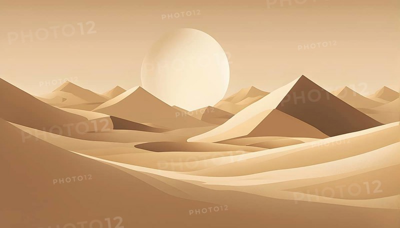Abstract desert scene with triangular sand dunes and a single circular sun, using sharp lines and subtle gradients in neutral earth tones, AI generated