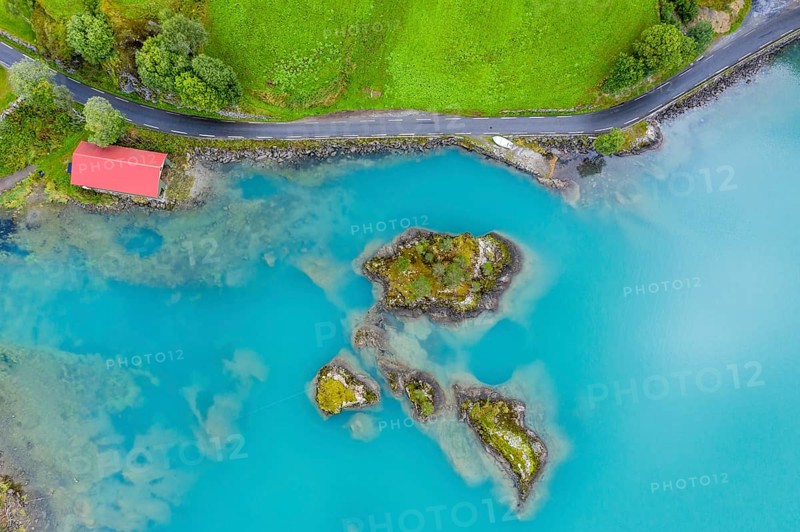 Aerial view of lake Lovatnet (or: Loenvatnet), Lovatnet, view towards south to glacier Jostedalsbreen, islands in the lake, valley Lodalen south of village Loen, Norway, Europe