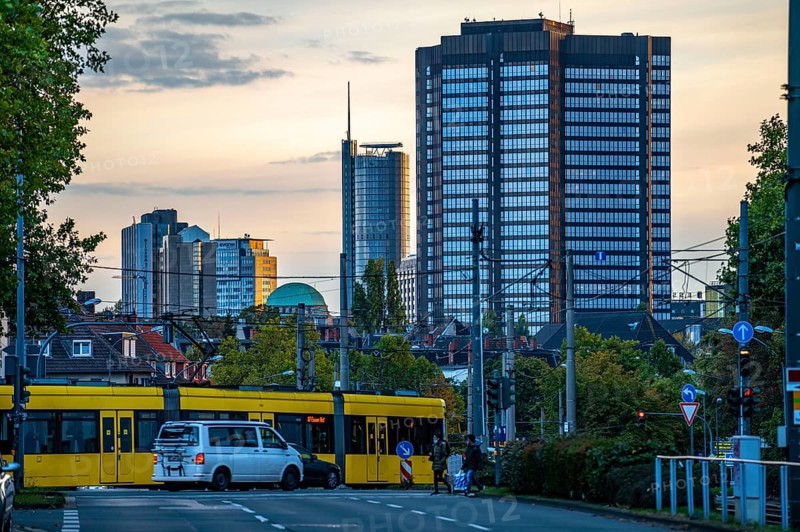 Skyline of Essen city centre, town hall, RWE Tower, dome of the old synagogue, Schützenbahn street, Essen, North Rhine-Westphalia, Germany, Europe