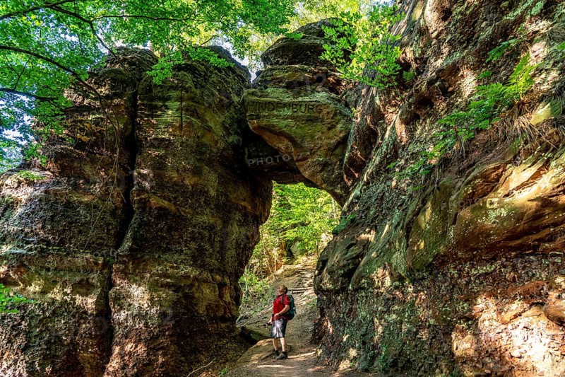 Hindenburgtor, rock formation on the red sandstone route, hiking trail, above the Rur valley, landscape in the Rur Eifel, near Nideggen, Düren district, North Rhine-Westphalia, Germany, Europe
