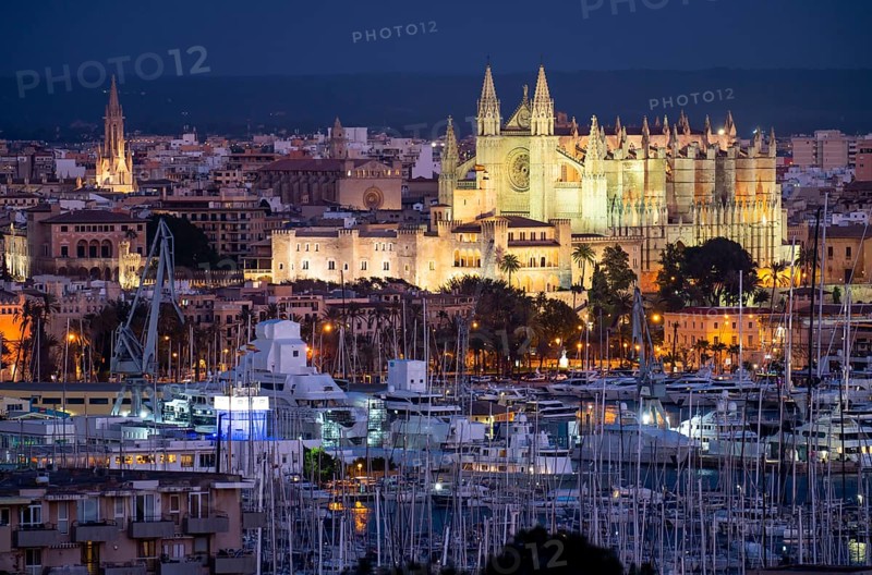 Panorama of Palma de Majorca, Bay of Palma, with the marina and the Cathedral of St Mary, Balearic Islands, Spain, Europe