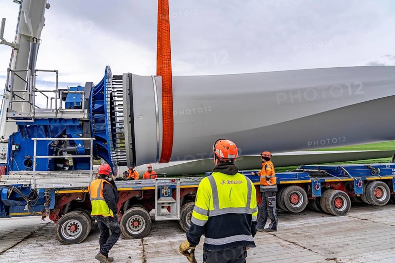 Preparation for the transport of a 68 metre long blade, a wind turbine, with a self-propelled Blade-Lifter vehicle, over a 40 km long route in the Bergisches Land, through towns, villages, over country roads, narrow through roads, to the construction site of the wind turbine near Hagen, North Rhine-Westphalia, Germany, Europe