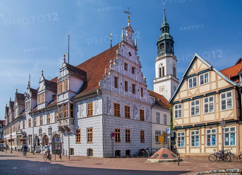 Weser Renaissance town hall in the old town centre on the market square and the tower of the town church, Celle, Lüneburg Heath, Lower Saxony, Germany, Europe