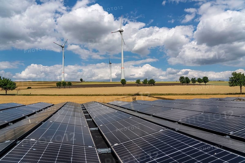 Wind farm near Lichtenau, Ostwestfalen-Lippe, a 100 kW solar power system was installed on the crane installation area in front of a wind turbine, as a trial, so the unused former construction site areas could be used for PV systems, North Rhine-Westphalia, Germany, Europe