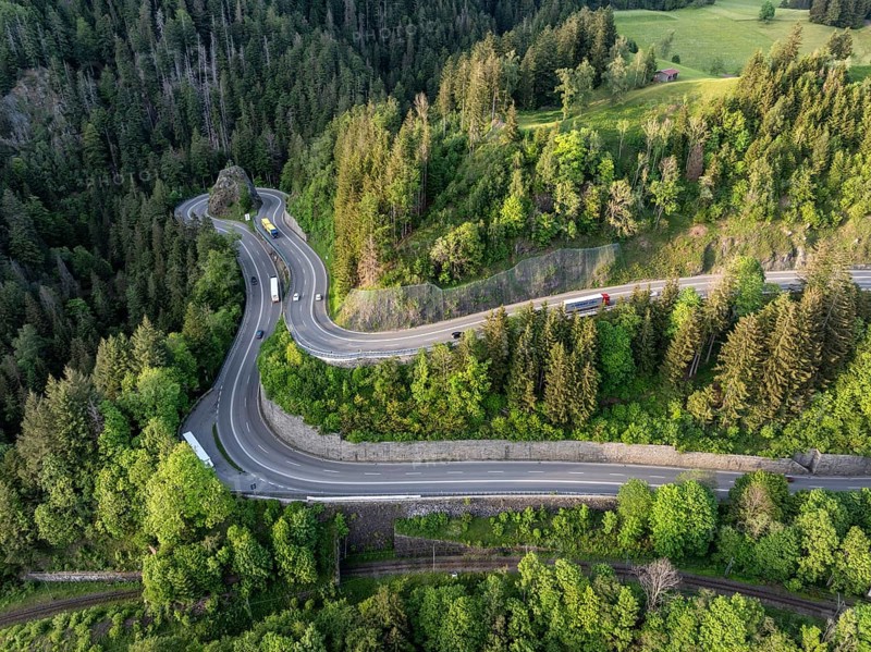 Aerial view of the federal road B31, Kreuzfelsenkurve in the southern Black Forest, Breisgau-Hochschwarzwald, Baden-Württemberg, Germany, Europe
