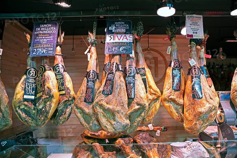 Iberico ham for sale at the Mercado Central, Salamanca, province of Salamanca, Castile and Leon, Spain, Europe