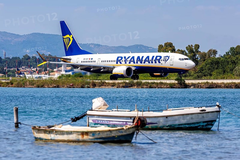 A Ryanair Boeing 737 MAX 8 aircraft with registration 9H-VUY at Corfu Airport, Greece, Europe