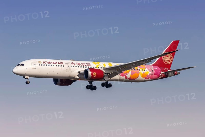 A Boeing 787-9 Dreamliner aircraft of Juneyao Air with the registration number B-20D1 at Hongqiao Airport (SHA) in Shanghai, China, Asia