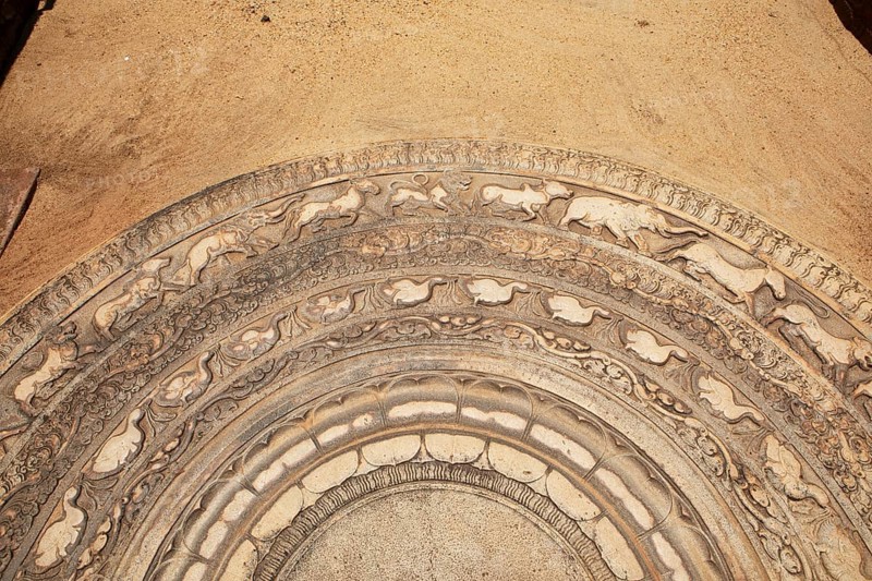 Ancient moonstone in the holy city of Anuradhapura, North Central Province, Sri Lanka, Asia