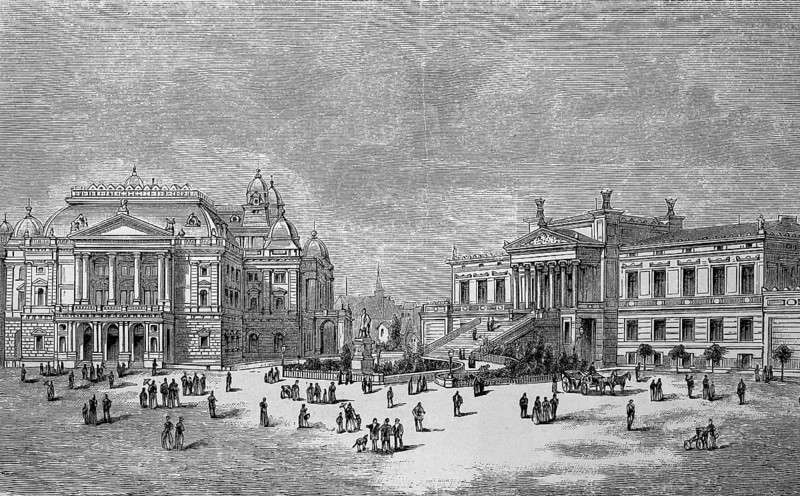 The court theatre and museum in Schwerin, Germany, in 1880, Historical, digital reproduction of an original 19th century artwork, Europe